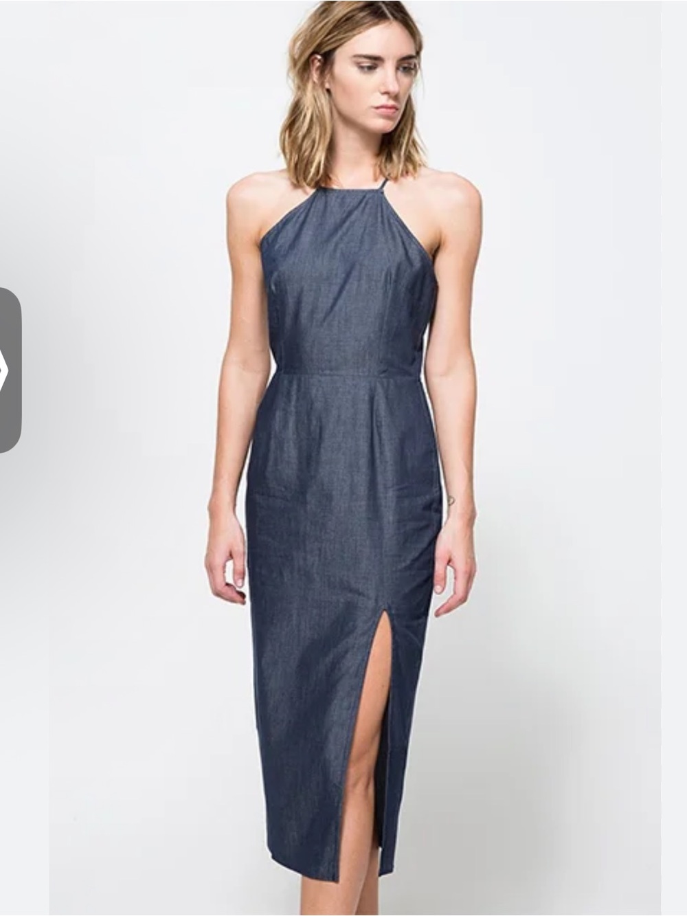 Mono B Navy Blue Denim Like Tencel Midi Slip Dress with Side Slit